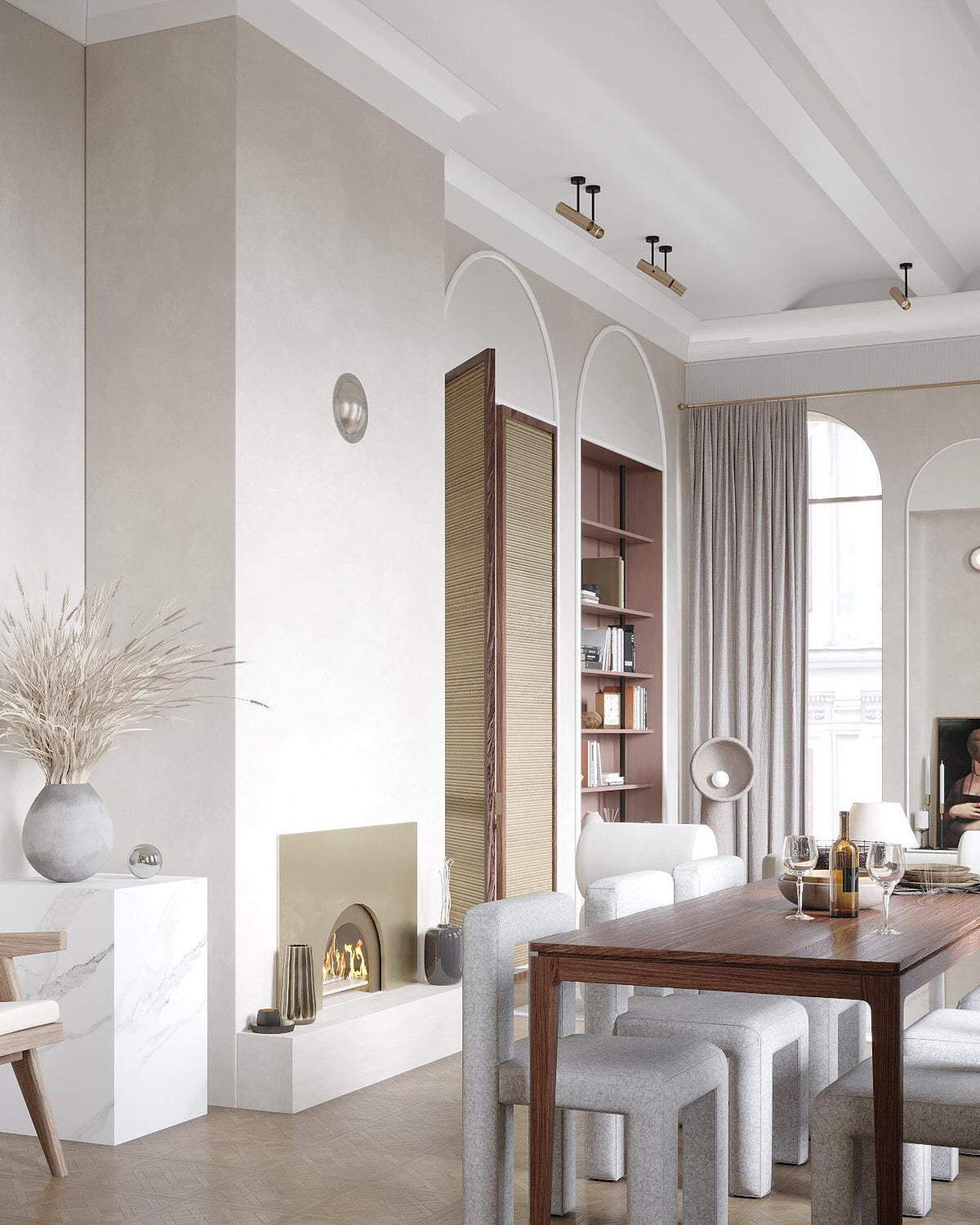 White Clérachic floor lamp in a dining and living space with arched windows, a wooden table and grey stools.