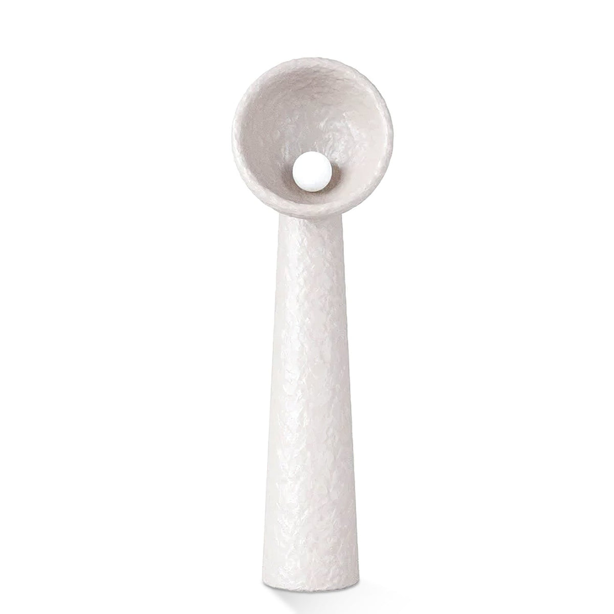 Pale grey-white Clérachic floor lamp with a textured finish and a bowl shade holding a round bulb, on white.