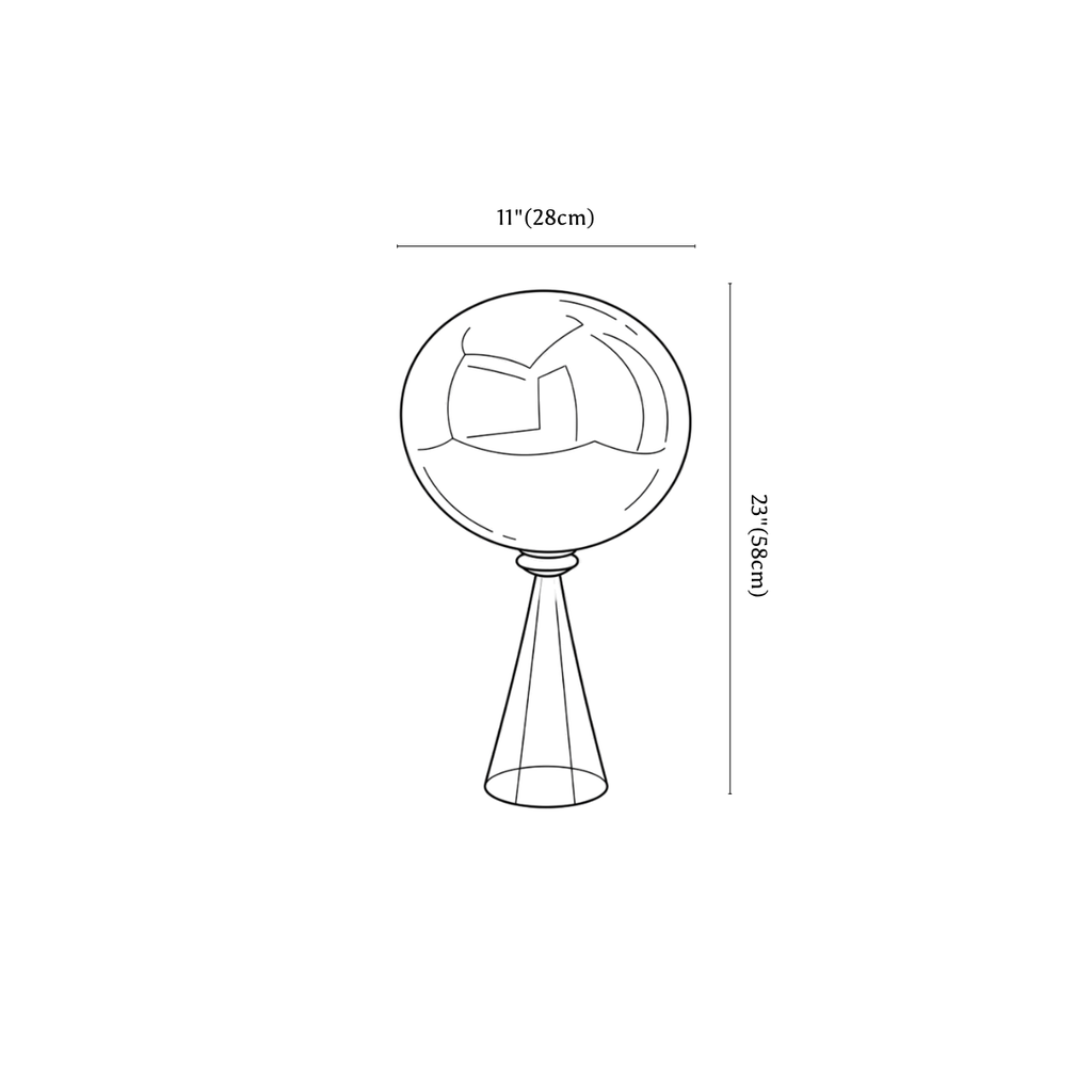 Clérachic table lamp dimension drawing, every measurement marked in centimetres and inches.