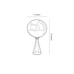 Clérachic table lamp dimension drawing, every measurement marked in centimetres and inches.
