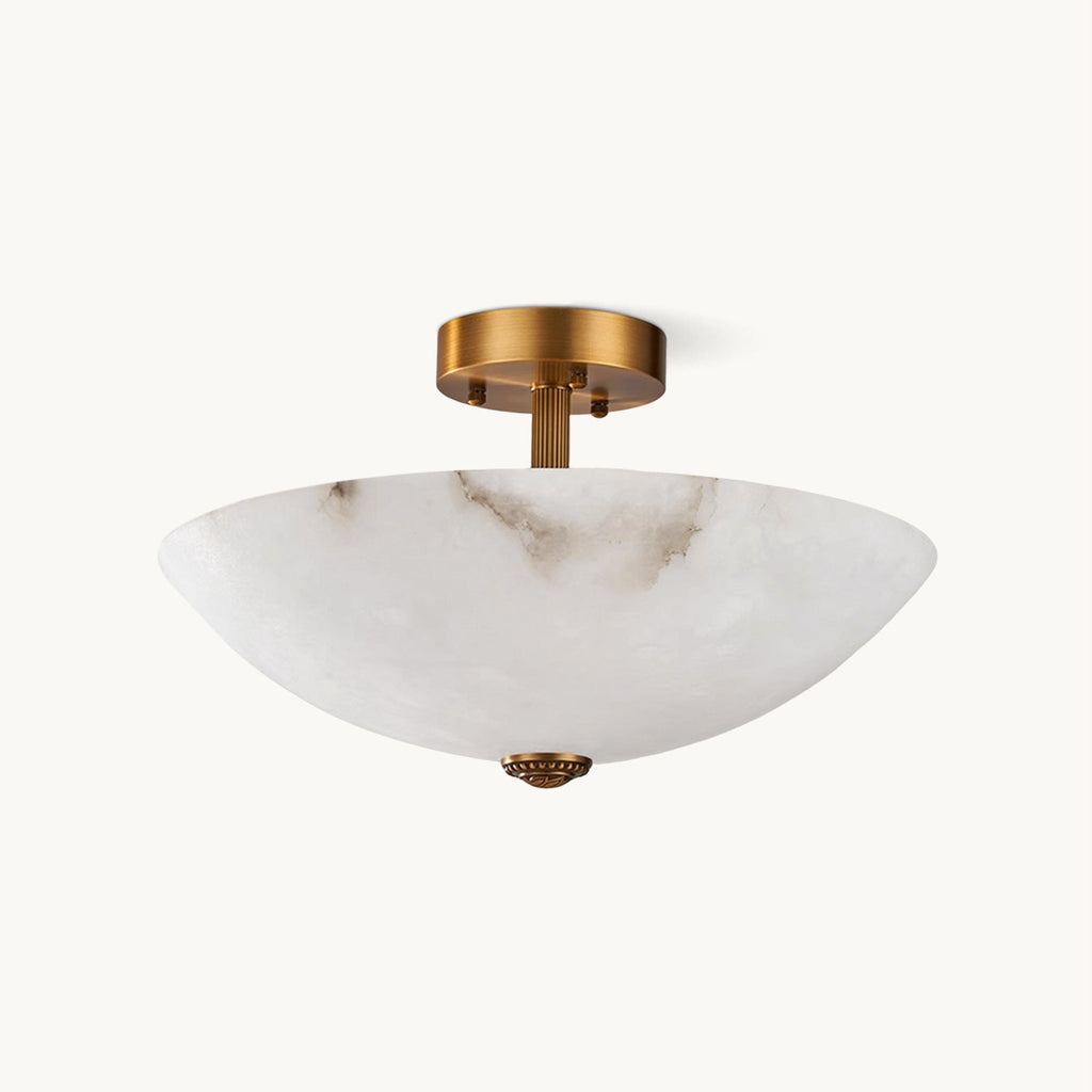 This Clérachic semi-flush ceiling light on a plain white backdrop, a veined alabaster dome under an antique brass canopy.