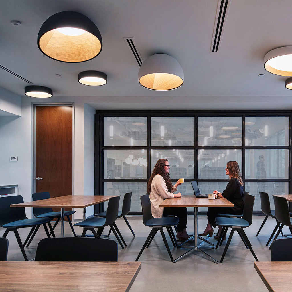 Several Clérachic dome ceiling lights, some black with oak interiors, above a meeting area where two people talk across a timber table.