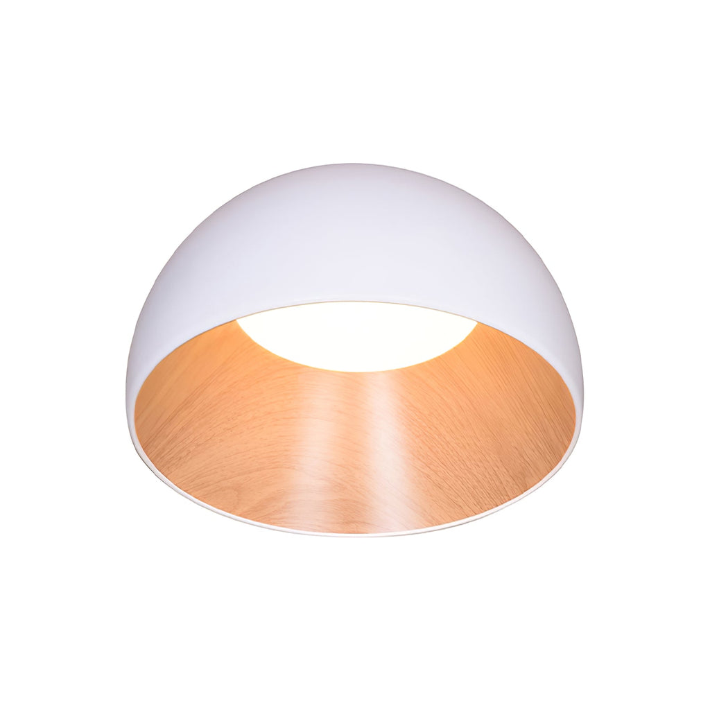 A white Clérachic dome ceiling light seen from below, showing the oak-effect interior and a round white light source.