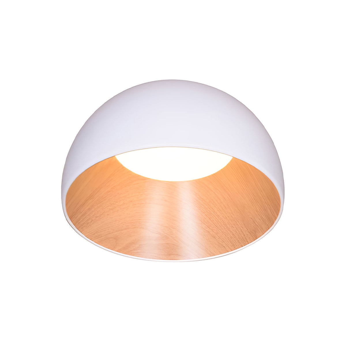 A white Clérachic dome ceiling light seen from below, showing the oak-effect interior and a round white light source.