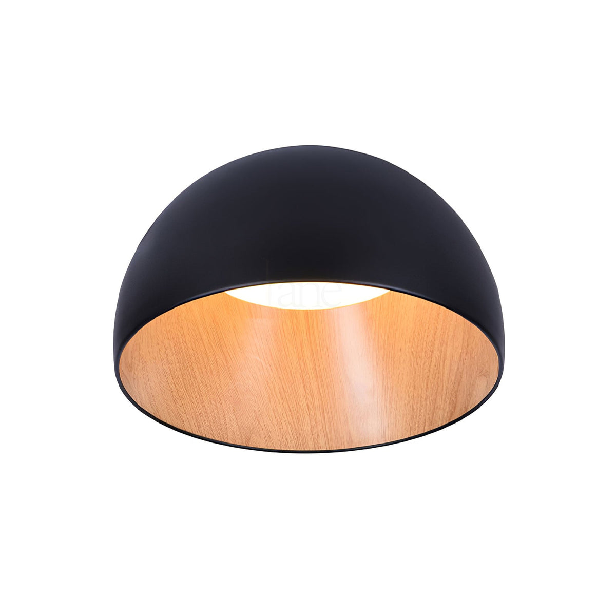 A larger black Clérachic dome ceiling light with an oak-effect interior, cut out on a white backdrop.