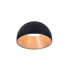Front view of a black Clérachic dome ceiling light with a pale oak-effect interior and a white light source, on a white backdrop.
