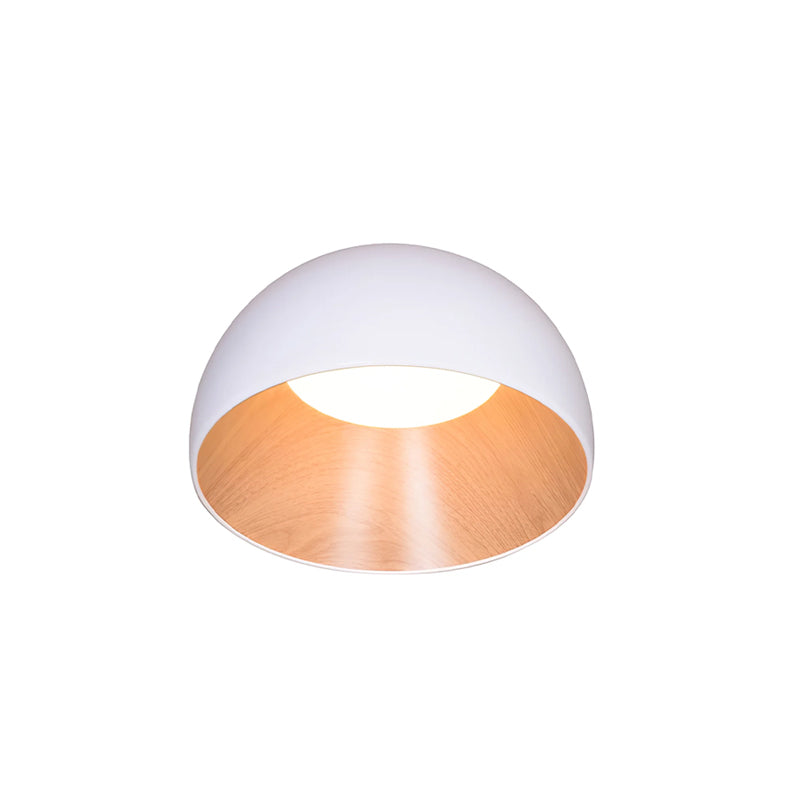 Smaller white Clérachic dome ceiling light with a light oak interior and a white glow, on a clean white backdrop.