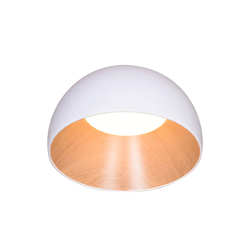 Large white Clérachic dome ceiling light seen from below, with a warm oak-effect interior and a white light disc, on a white backdrop.
