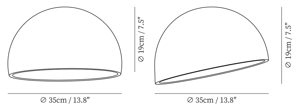 Clérachic ceiling light dimension drawing, every measurement marked in centimetres and inches.