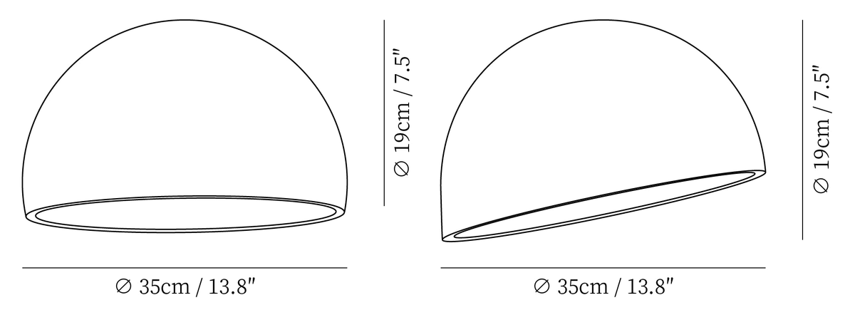Clérachic ceiling light dimension drawing, every measurement marked in centimetres and inches.