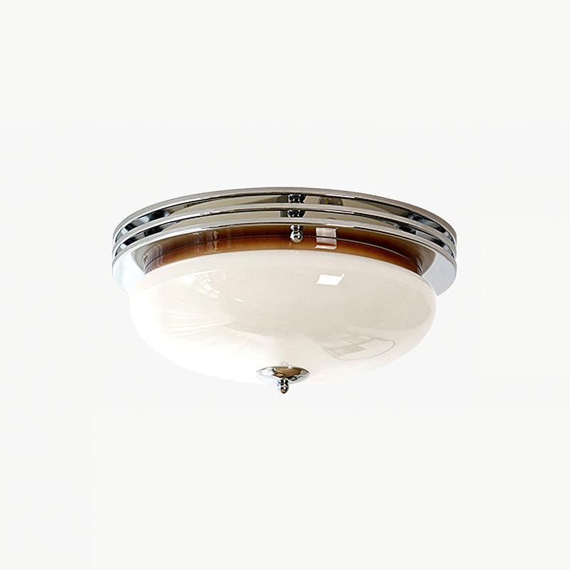 This Clérachic flush-mount ceiling light in a white glass and chrome version, shown on a plain white background.