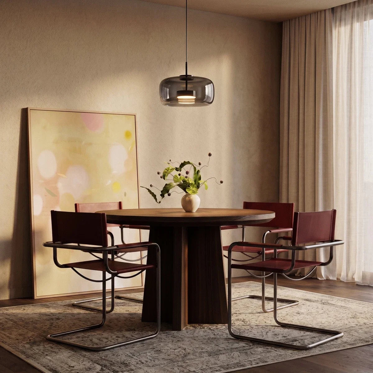 Clérachic wide smoked glass pendant hung above a round walnut dining table with leather chairs and linen curtains.