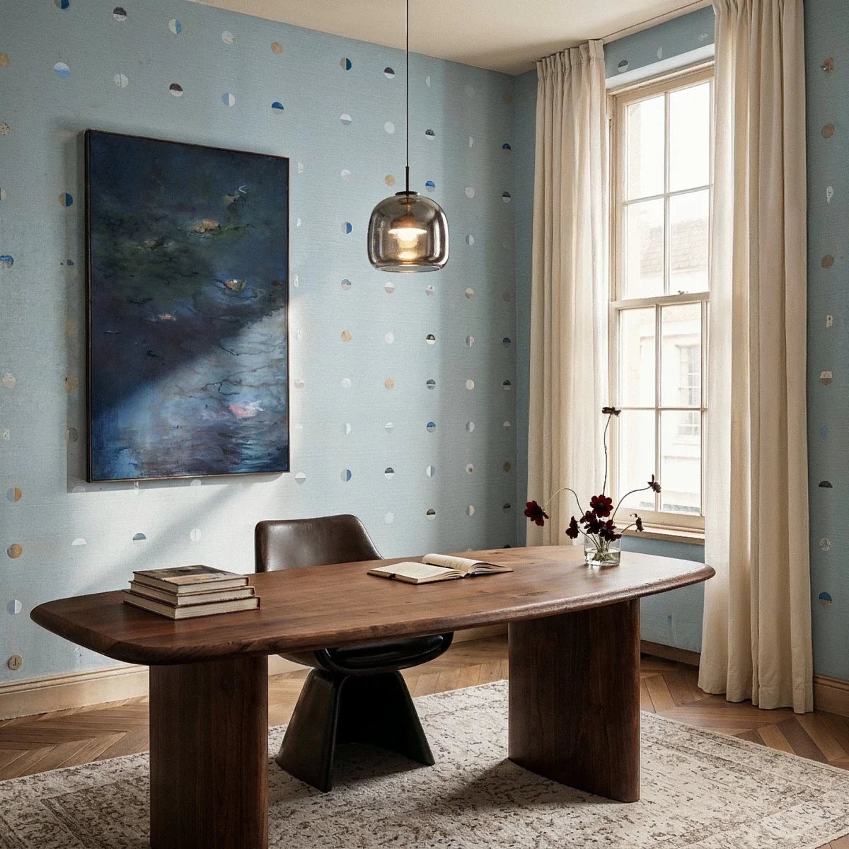 Clérachic smaller smoked glass pendant over a walnut desk in a room with pale blue patterned wallpaper and tall window.