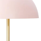 Close view of the pale pink dome shade and brass stem on this Clérachic table lamp, against a white background.