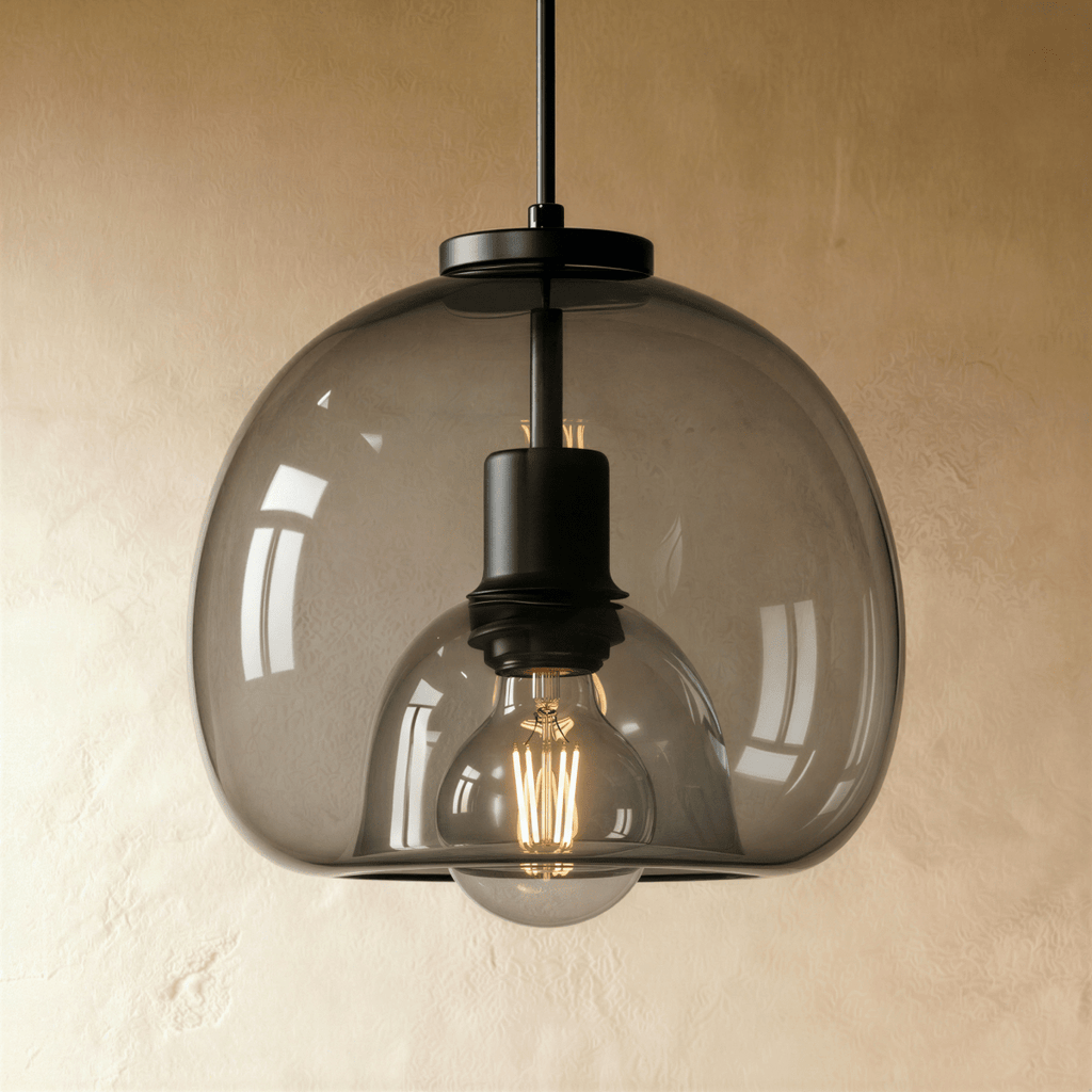 Close view of the Clérachic pendant's smoked glass shade, matte black fitting and warm filament bulb inside.