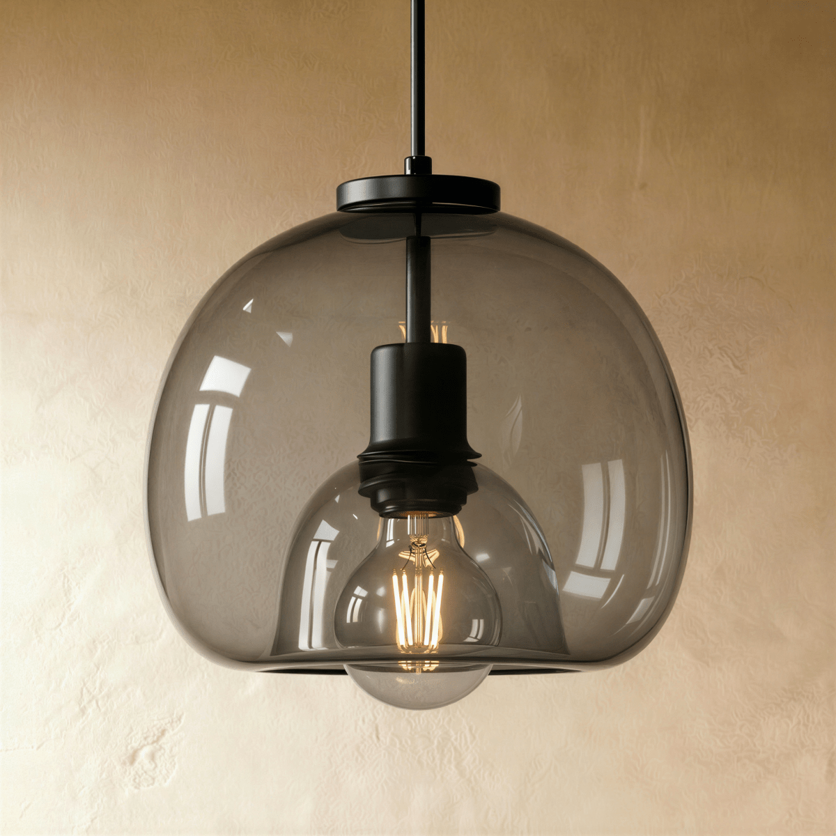 Close view of the Clérachic pendant's smoked glass shade, matte black fitting and warm filament bulb inside.