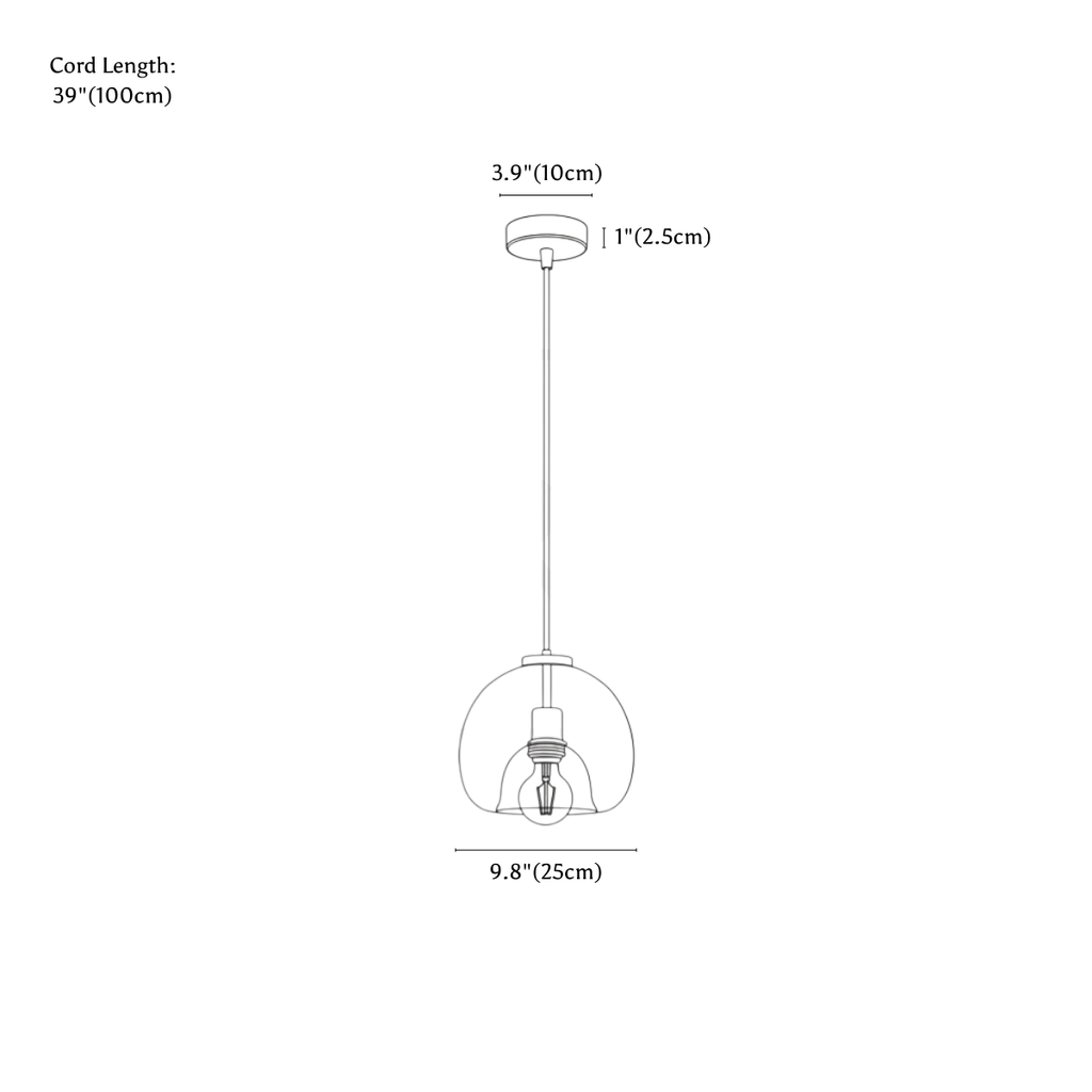Clérachic pendant light dimension drawing, One Head, every measurement marked in centimetres and inches.