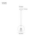 Clérachic pendant light dimension drawing, One Head, every measurement marked in centimetres and inches.