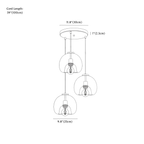 Clérachic pendant light dimension drawing, Three Heads Round, every measurement marked in centimetres and inches.