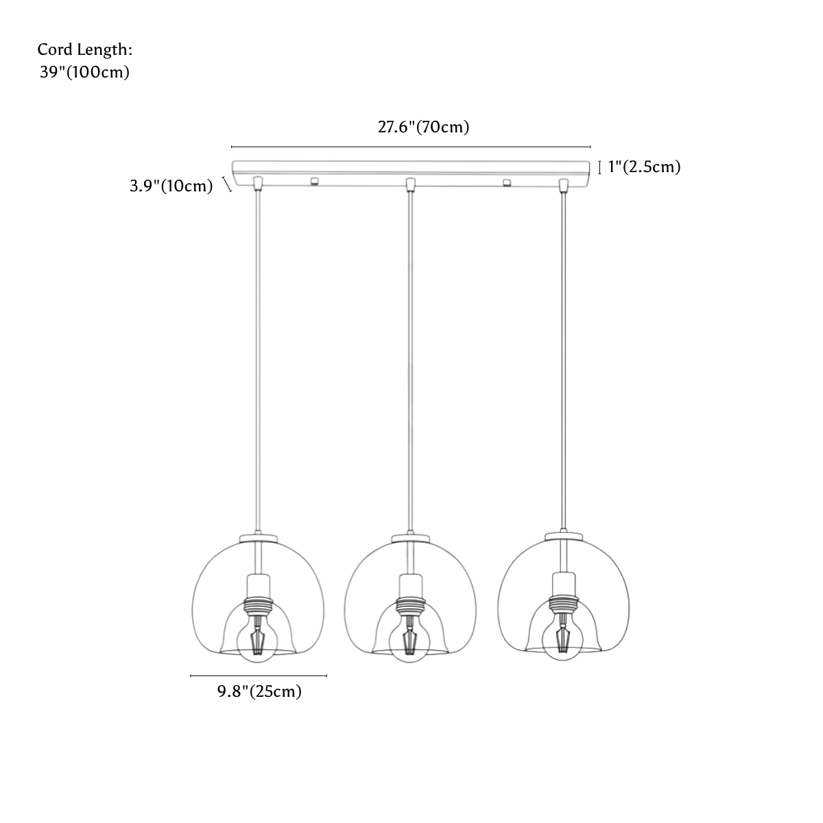 Clérachic pendant light dimension drawing, Three Heads Linear, every measurement marked in centimetres and inches.