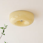 The Clérachic Domed Glass Ceiling Light seen at an angle in cream-yellow glass, a green sprig crossing the wall beneath it.