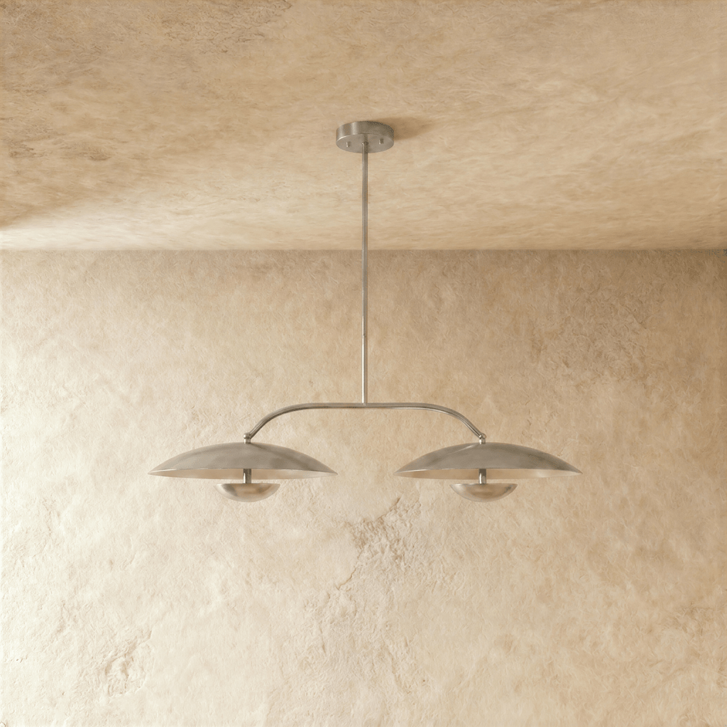 Clérachic chandelier in chrome, front-on view of the two dome shades and their slim center rod.