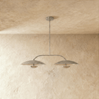 Clérachic chandelier in chrome, front-on view of the two dome shades and their slim center rod.