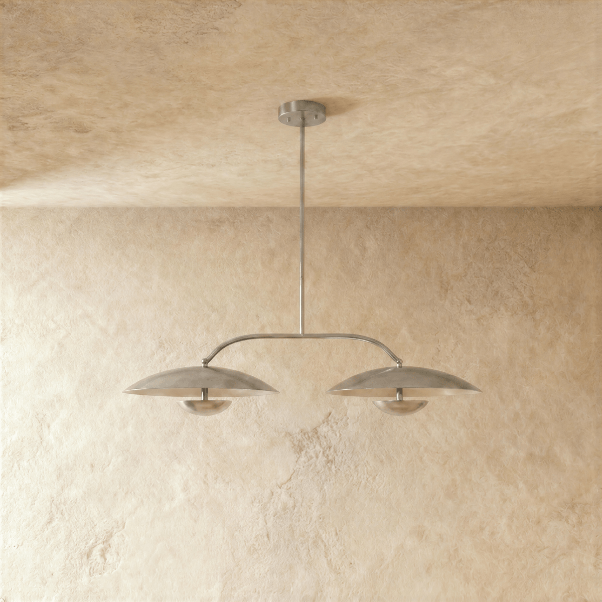 Clérachic chandelier in chrome, front-on view of the two dome shades and their slim center rod.