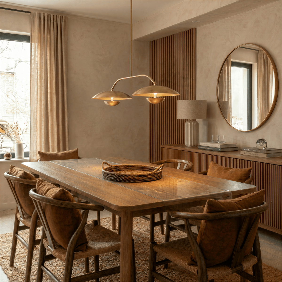 Clérachic chandelier in brass over a wood dining table set with woven rattan dining chairs.