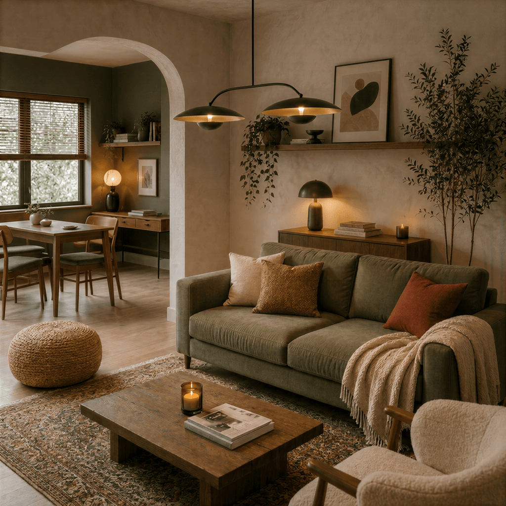 Clérachic chandelier in matte black glowing above a living room with a green sofa and archway.