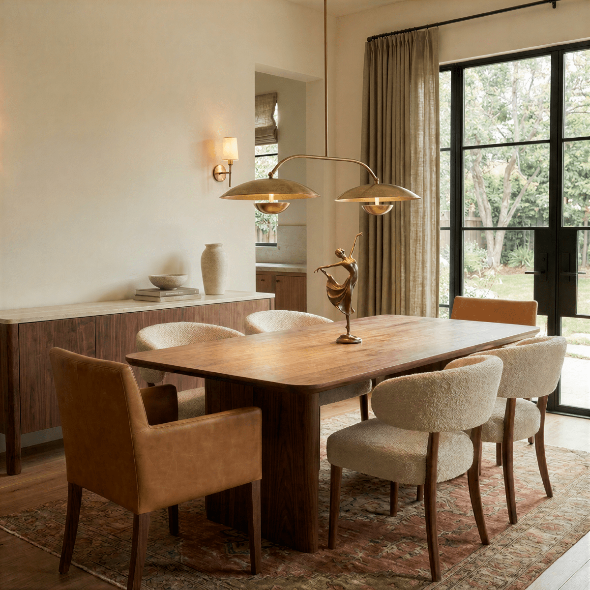 Clérachic chandelier in brass over a dining table with a bronze dancer figurine and garden doors.