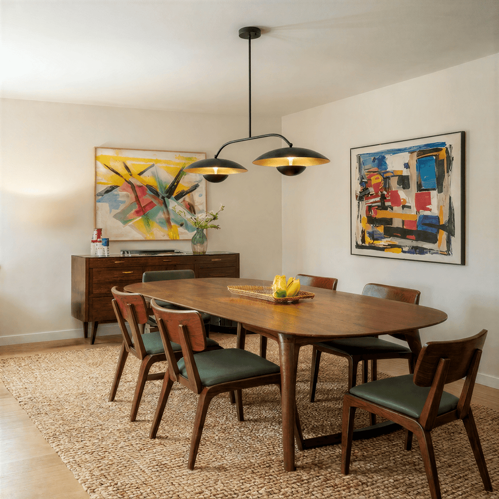 Clérachic chandelier in matte black over a round dining table set beneath colorful abstract paintings.
