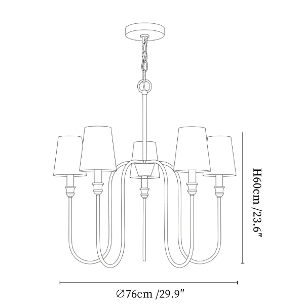 Clérachic chandelier dimension drawing, every measurement marked in centimetres and inches.