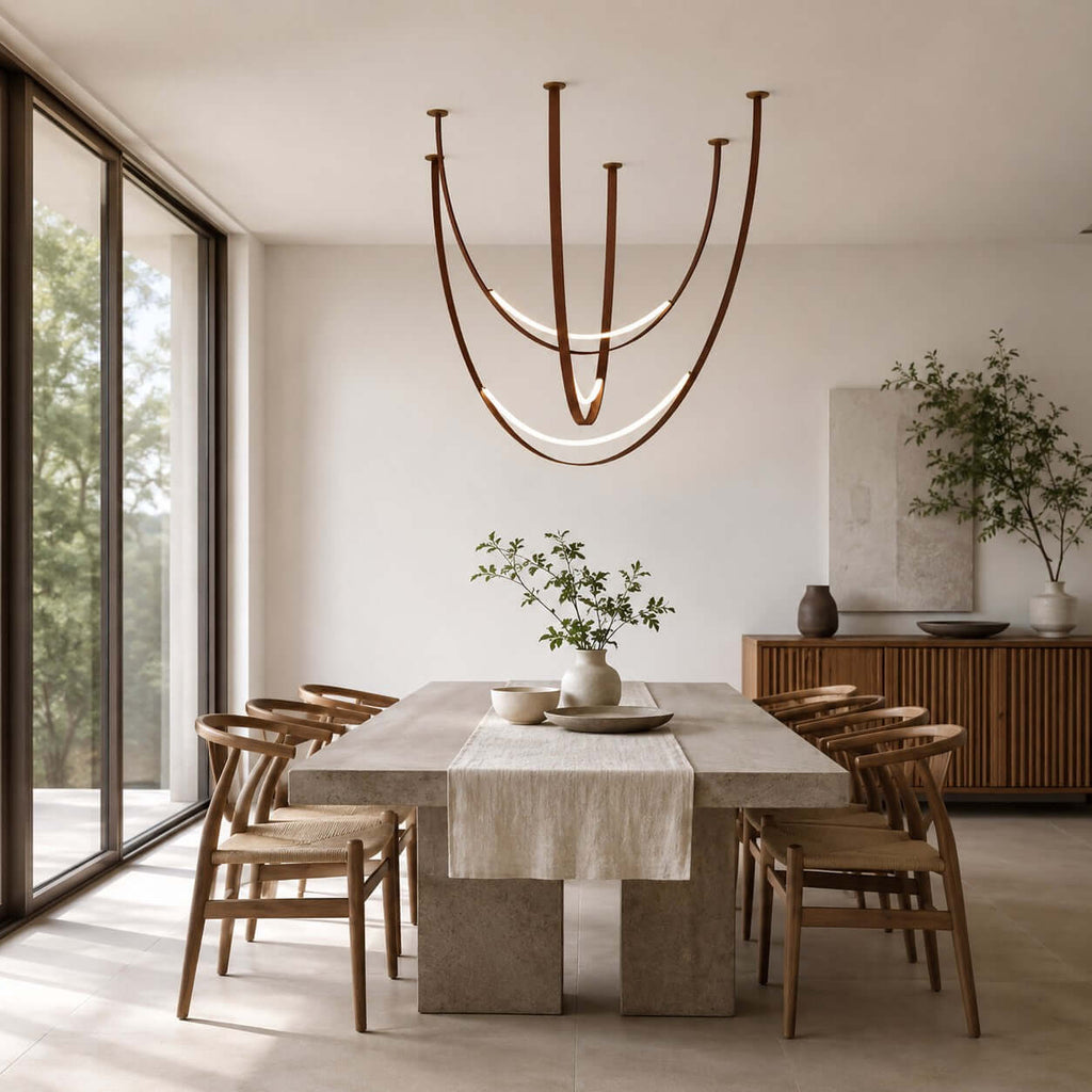Beside floor-to-ceiling glazing and a stone dining table, this Clérachic pendant hangs in brown straps with two warm arcs of light.