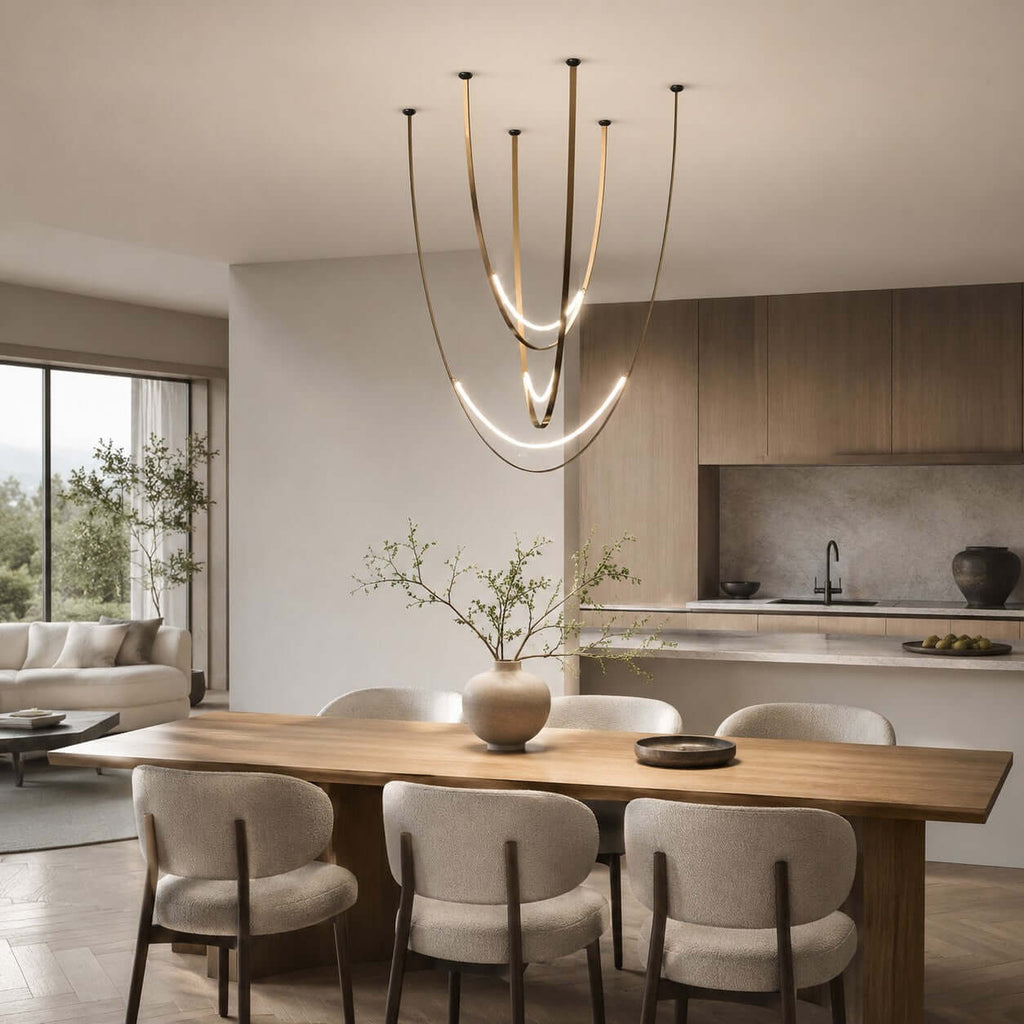 Above a wooden dining table with rounded cream chairs and a kitchen beyond, this Clérachic pendant hangs on slim brass-toned straps.