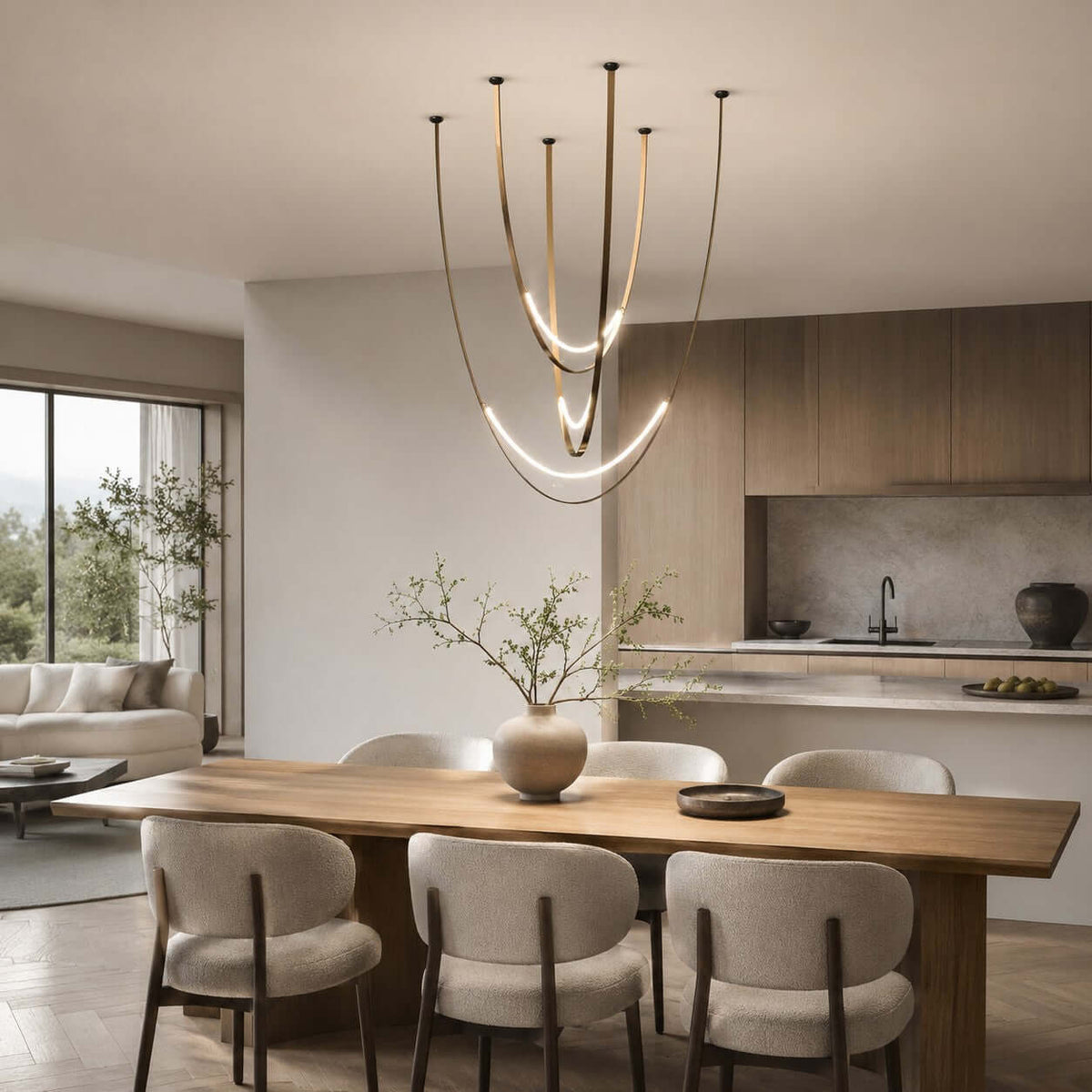 Above a wooden dining table with rounded cream chairs and a kitchen beyond, this Clérachic pendant hangs on slim brass-toned straps.