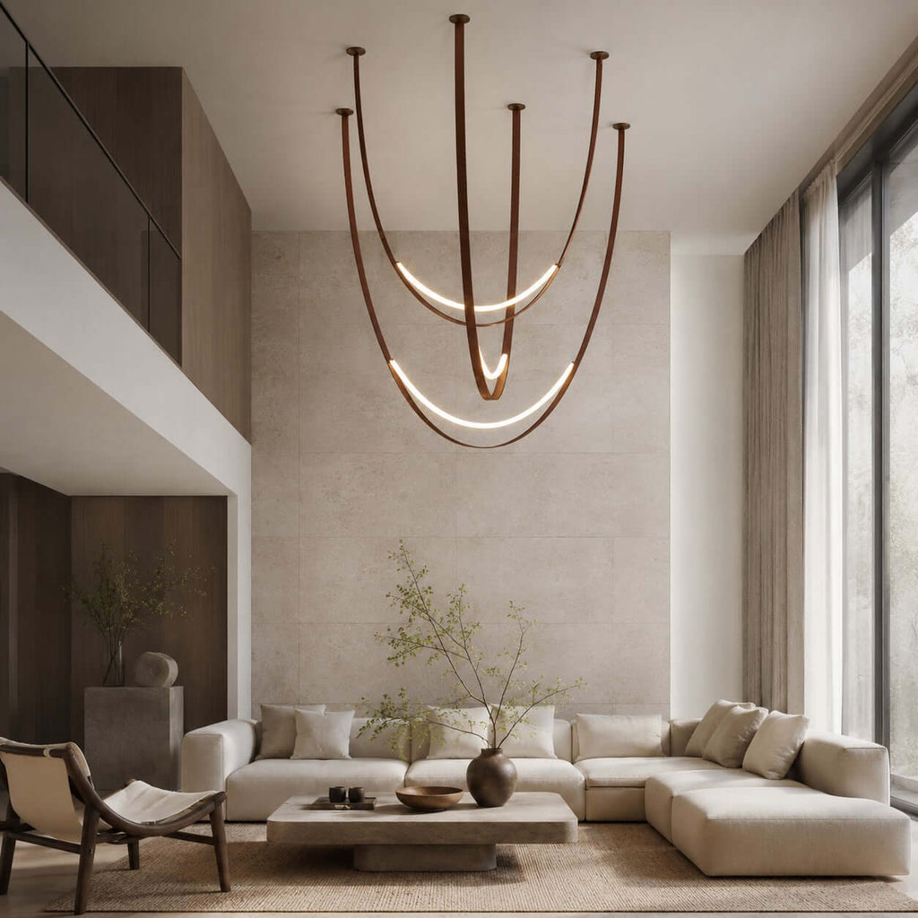 Hung in a double-height living room with a cream corner sofa, this Clérachic pendant shows its brown straps and two lit LED curves.