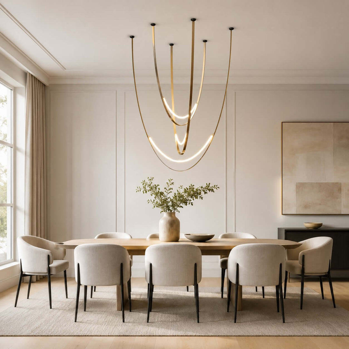 In a panelled dining room with a long table and white chairs, this Clérachic pendant hangs in brass-toned straps with glowing arcs.
