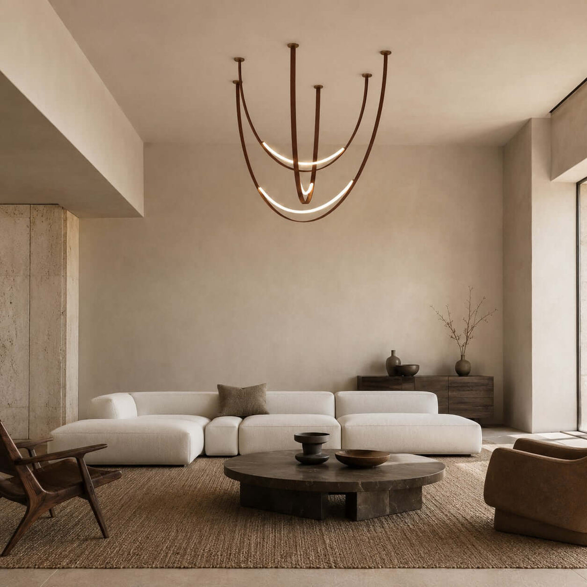 Hung in a calm living room with a low cream sofa and dark round coffee table, this Clérachic pendant drapes its brown straps from the ceiling.
