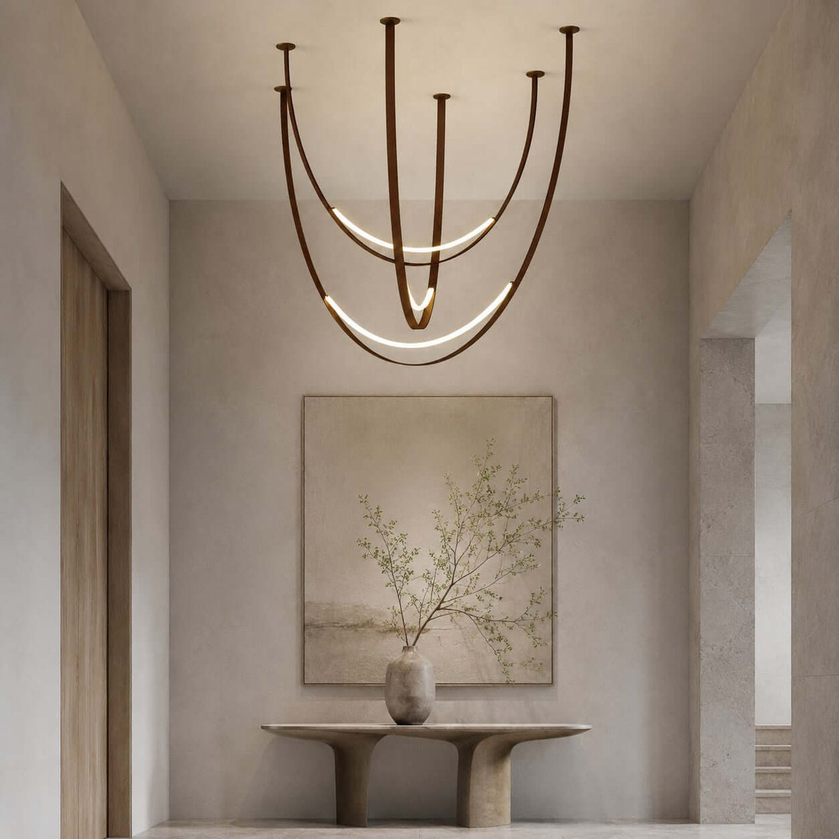 Above a sculpted console and a framed abstract canvas, this Clérachic pendant shows its brown straps and two bright LED arcs.