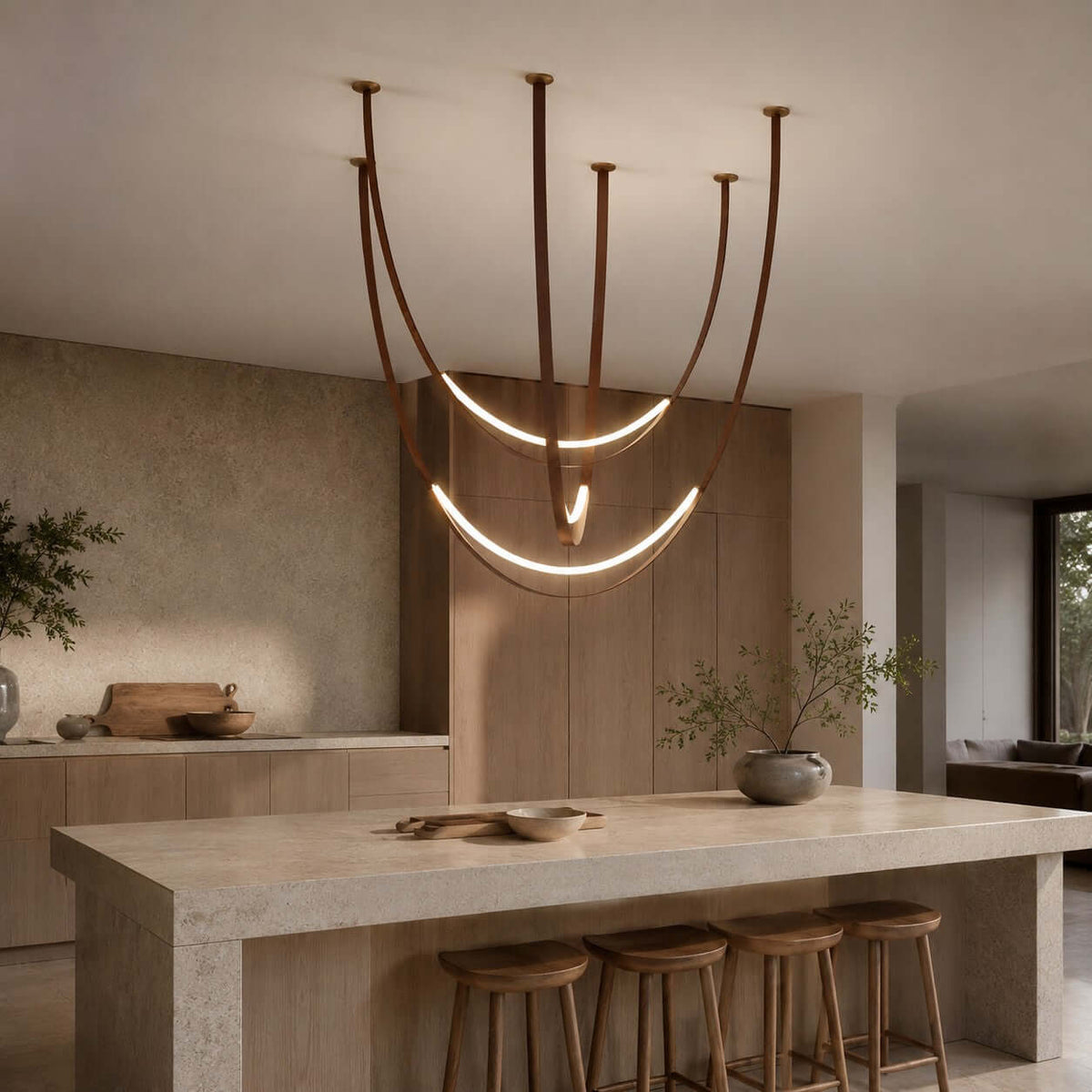 Over a stone kitchen island with wooden stools, this Clérachic pendant hangs in brown straps, its lower LED arc glowing in front of a timber panel.