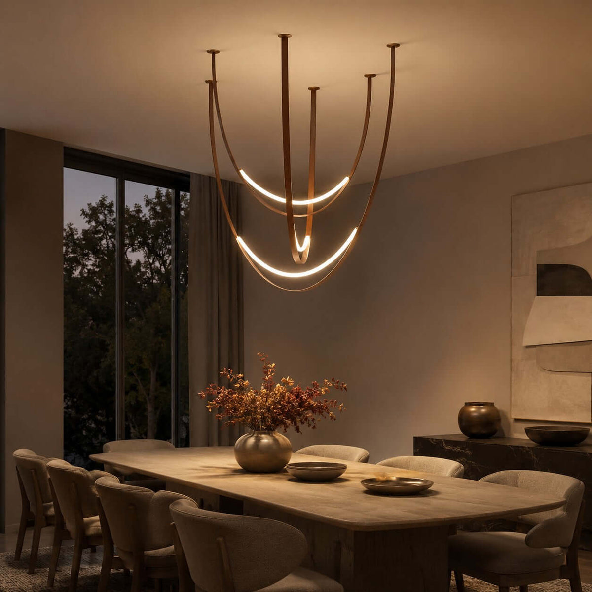 At dusk, this Clérachic pendant glows over a long wooden dining table with a vase of autumn flowers, its brown straps catching the warm light.