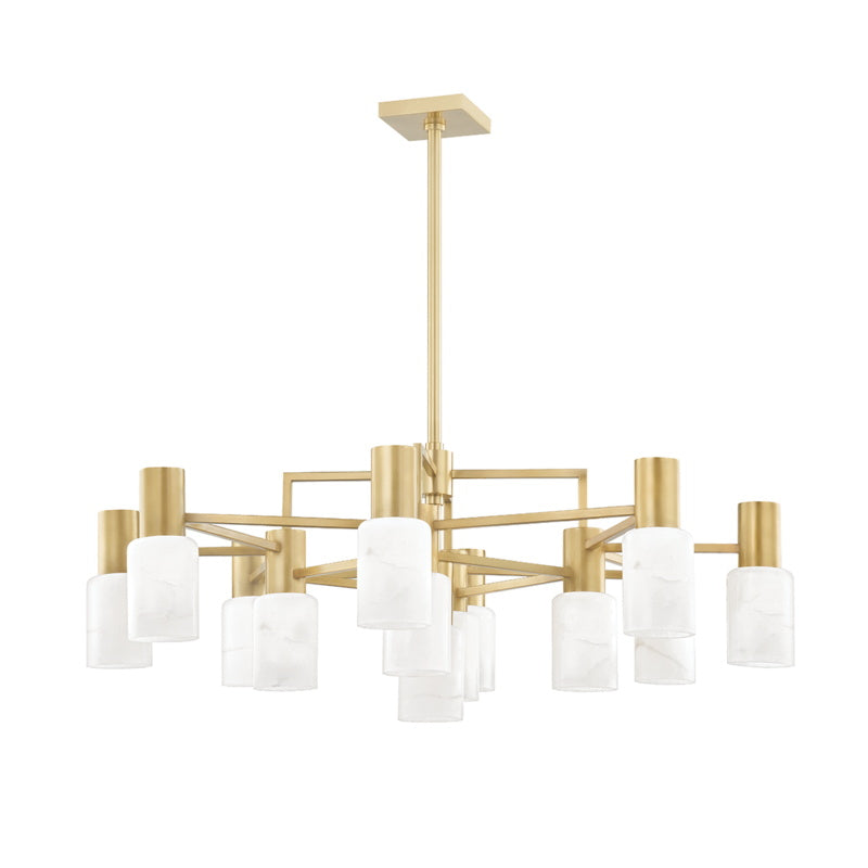Clérachic 13-light chandelier in warm brass, alabaster shades fanned across twelve rods on a plain white ground.