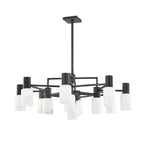 The Clérachic chandelier in matte black, its thirteen alabaster caps stepping out from a squared steel frame.
