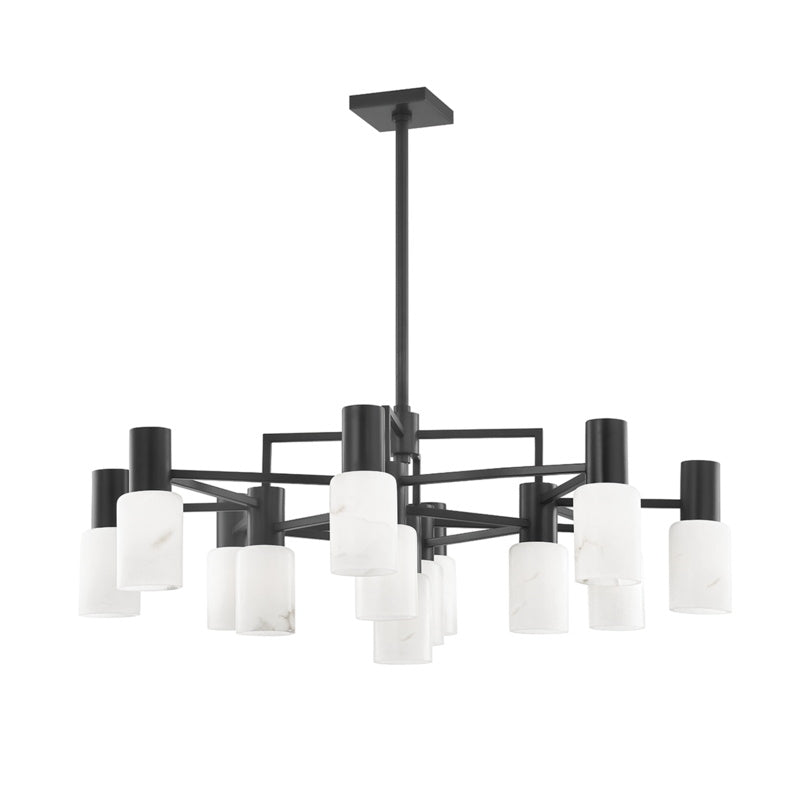 The Clérachic chandelier in matte black, its thirteen alabaster caps stepping out from a squared steel frame.