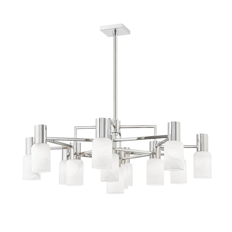 Clérachic chandelier in polished chrome, the reflective frame cool against thirteen softly veined alabaster shades.
