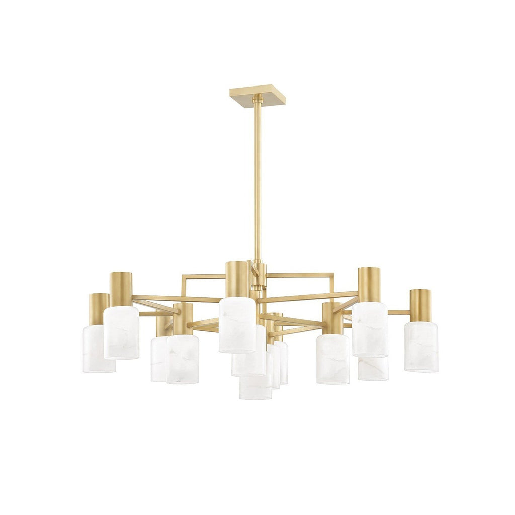 Clérachic brass chandelier photographed square on, showing the full thirteen-light sculptural spread.