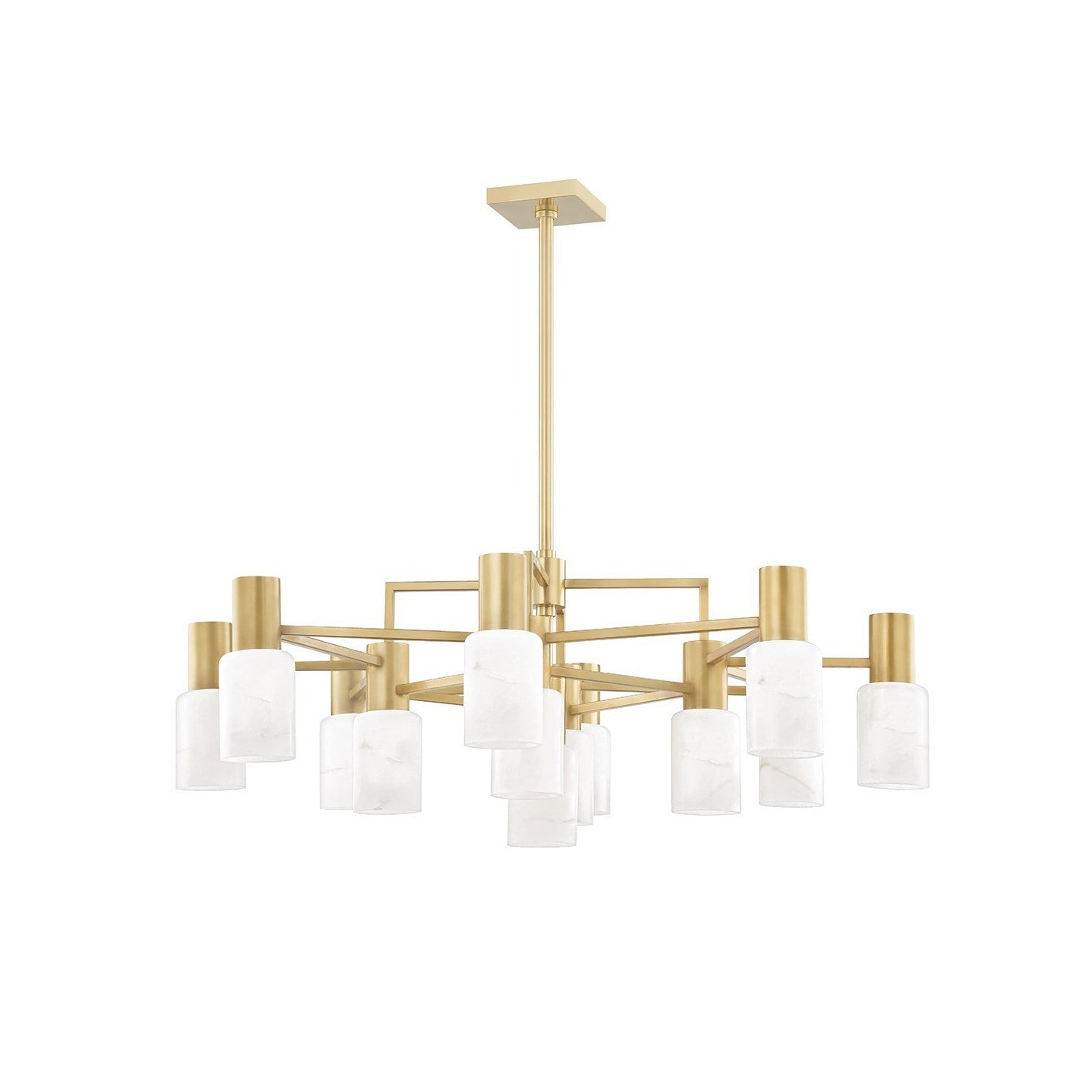 Clérachic brass chandelier photographed square on, showing the full thirteen-light sculptural spread.