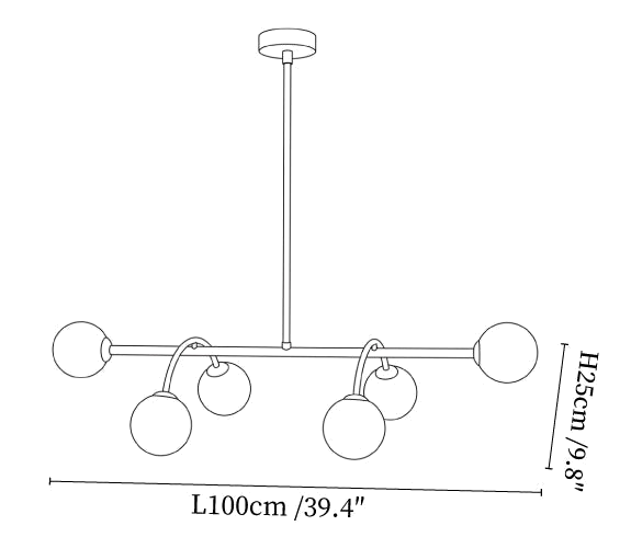 Clérachic chandelier dimension drawing, 1 of 2, every measurement marked in centimetres and inches.