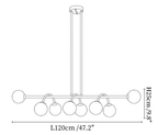 Clérachic chandelier dimension drawing, 2 of 2, every measurement marked in centimetres and inches.
